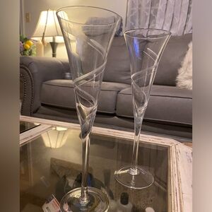 Set of 2 Etched Crystal Tulip Champagne Flutes 10" Wedding Special Occasion